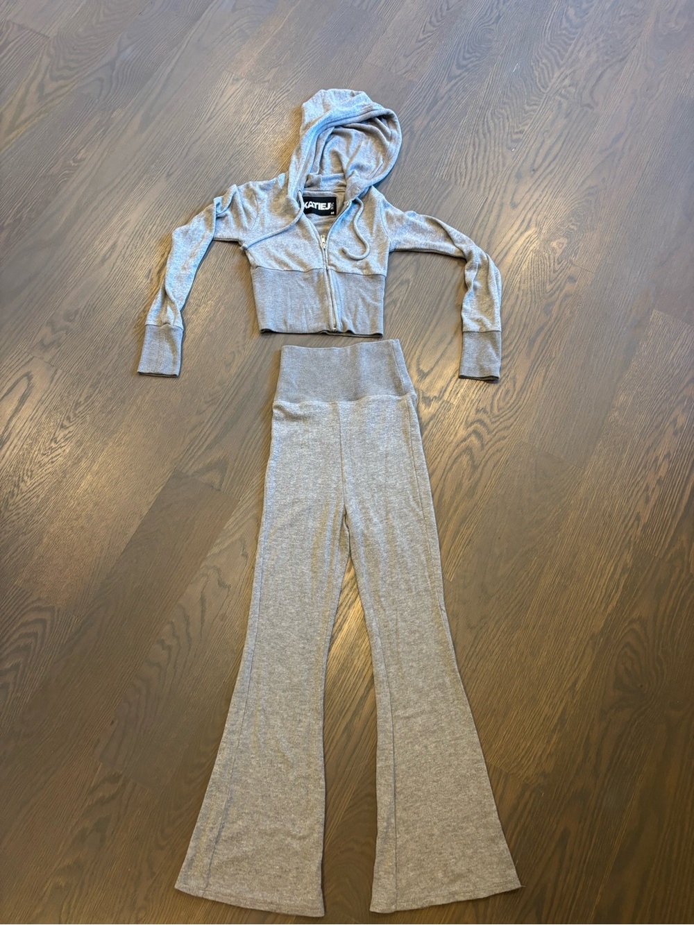 Katie J NYC Heather Gray Cropped Hoodie & Flared Pants Set